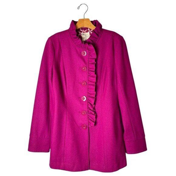 Tulle Anthropologie Coat‎ Women Small Pink Wool Ruffle Button Front Coat Preppy - Picture 1 of 12